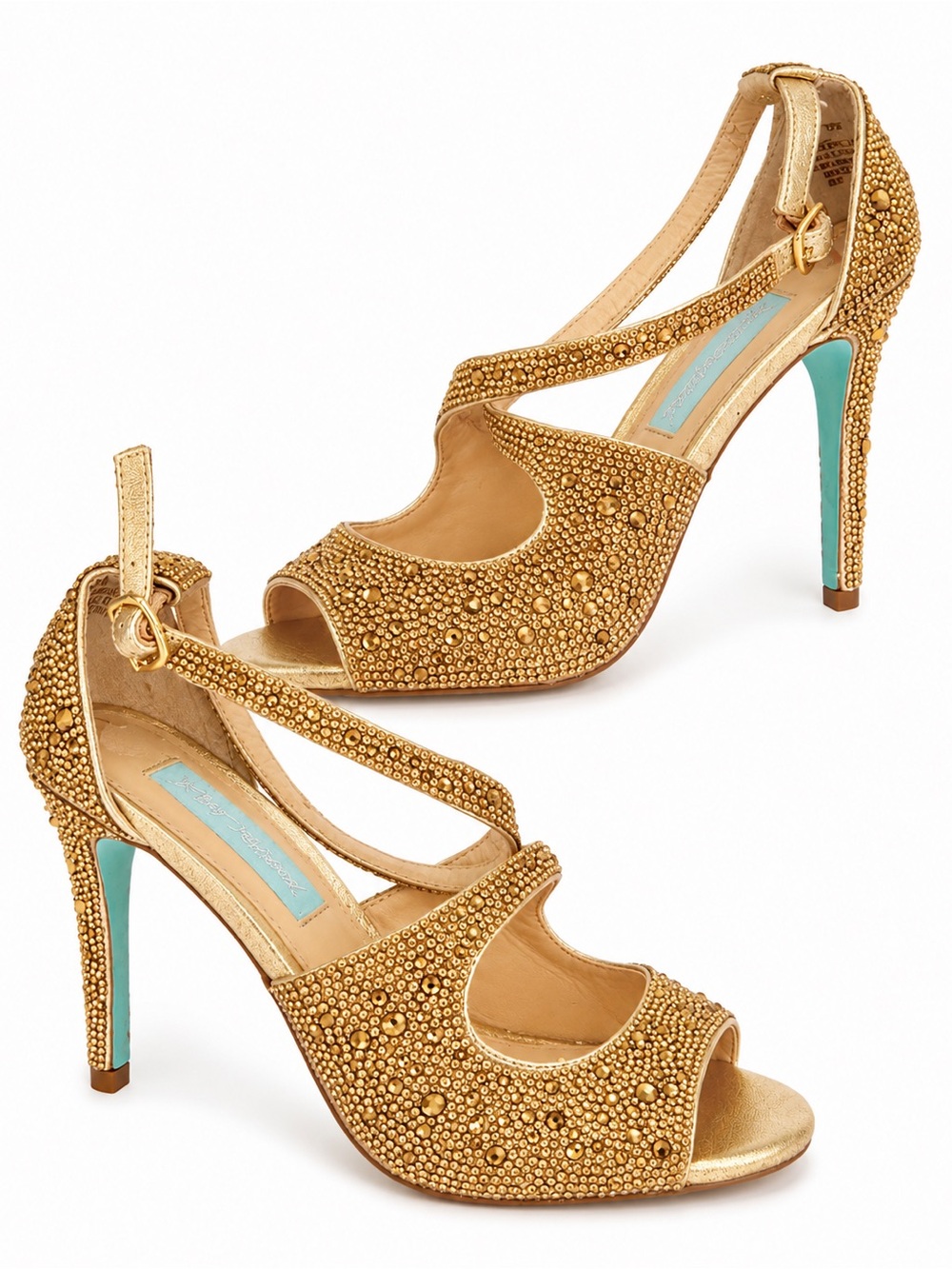 Blue by Betsey Johnson Gold Beaded Peep-Toe High Heels with Aqua Heel Accent 6.5